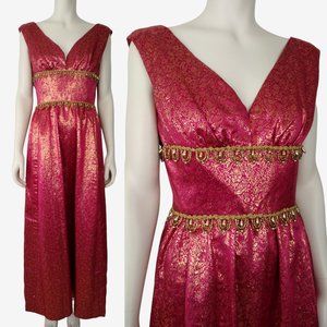 Vintage 1960s Couture Iridescent Red Floral Jacquard Beaded Maxi Dress